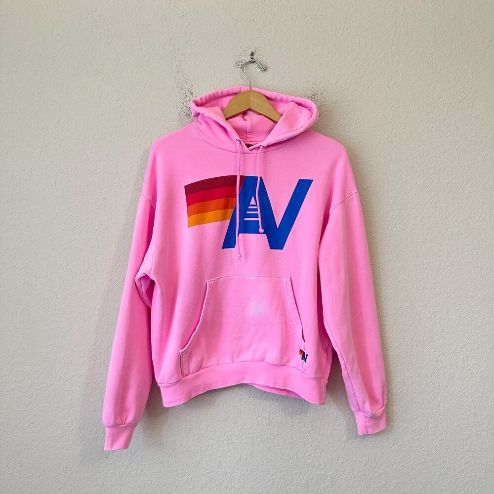 AVIATOR NATION Logo Hoodie Neon Pink Pullover Relaxed Fleece Sweatshirt